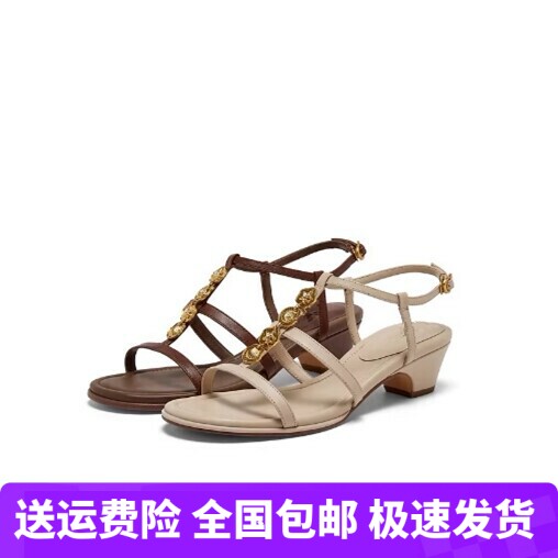 同款黄金海岸2026新款牛皮鎏金链条粗跟时装凉鞋罗马凉鞋女YB106