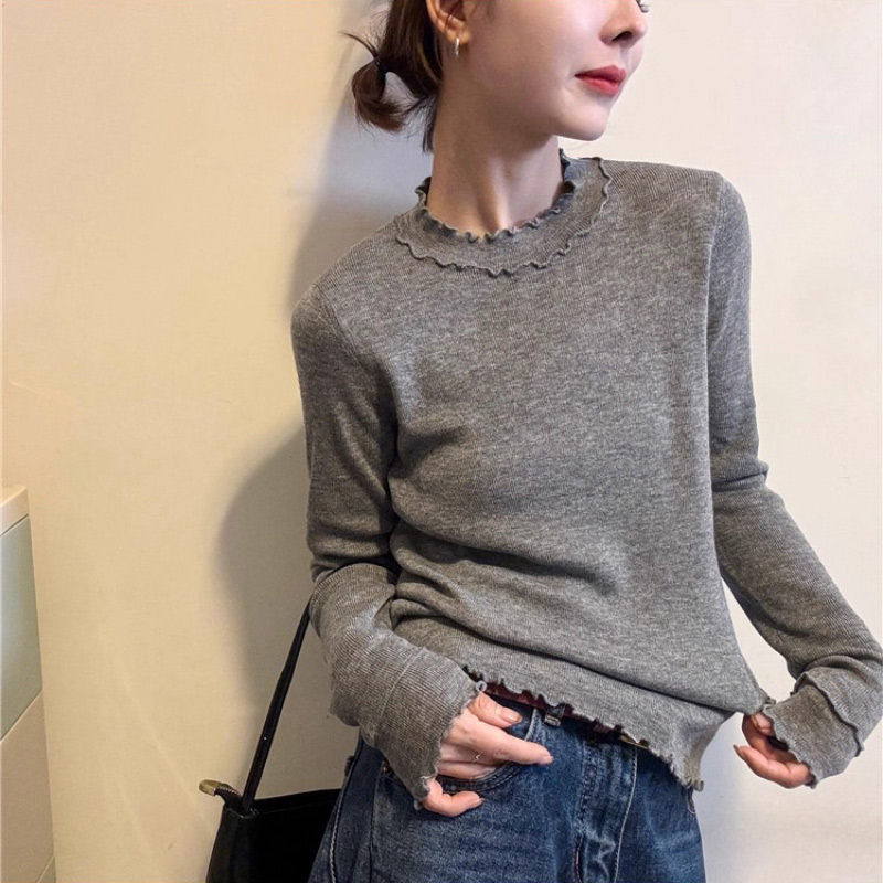 韩系灰色木耳边针织打底衫女秋冬2025新款高级感修身显瘦内搭上衣