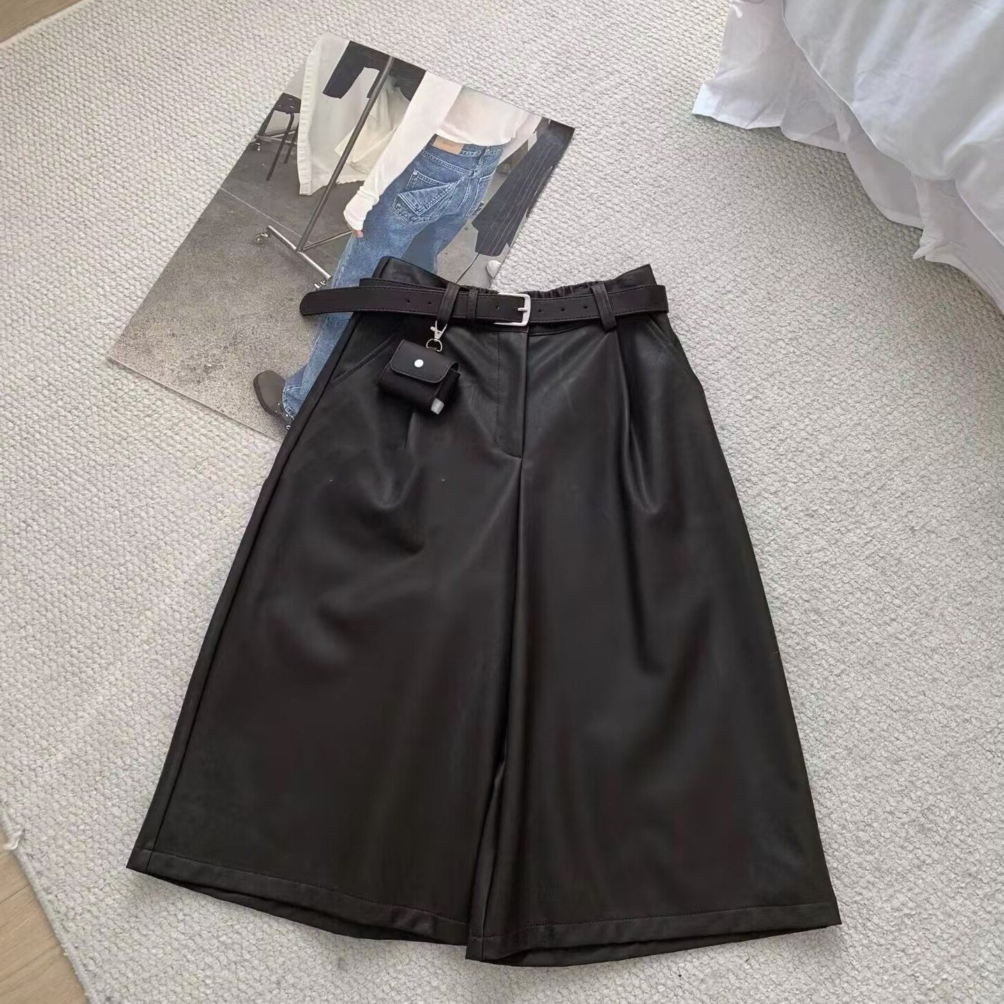 设计感美式高腰pu皮裤女2025秋季新款百搭休闲裤宽松直筒七分裤子