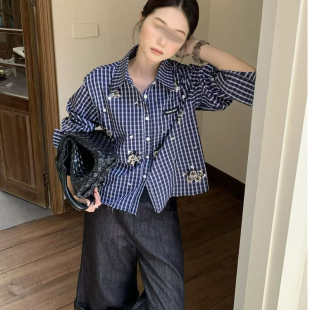 衬衫女款2025秋款重工花朵亮片刺绣宽松条纹衬衫宽松外套长袖上衣