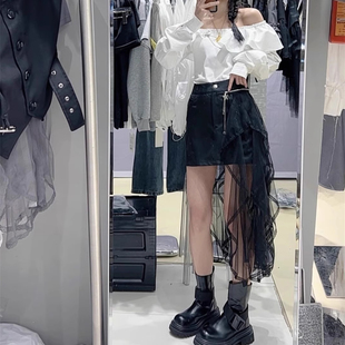 设计感网纱飘带拼接不规则半身裙女夏季百搭韩系洋气A字短裙裤子