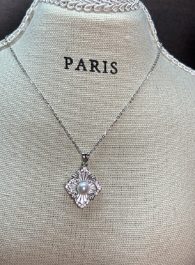 S925纯银天然淡水珍珠5-6mm极光白贝母菱形吊坠意大利宫廷风复古