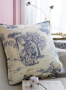 帆布法式蓝色抱枕复古印花ins风抱枕套靠垫沙发艺术样板间装饰枕