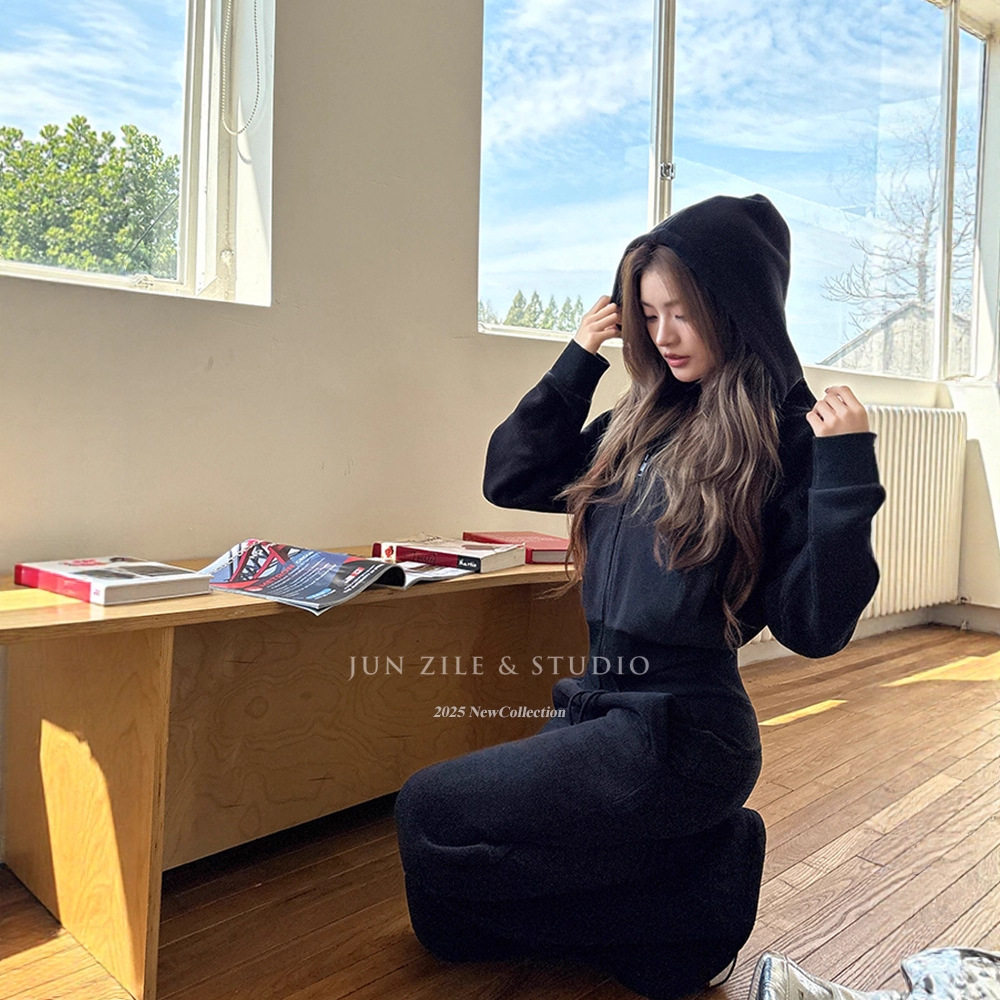 套装女装冬加厚摇粒绒连帽卫衣外套微喇长裤卫裤休闲运动两件套