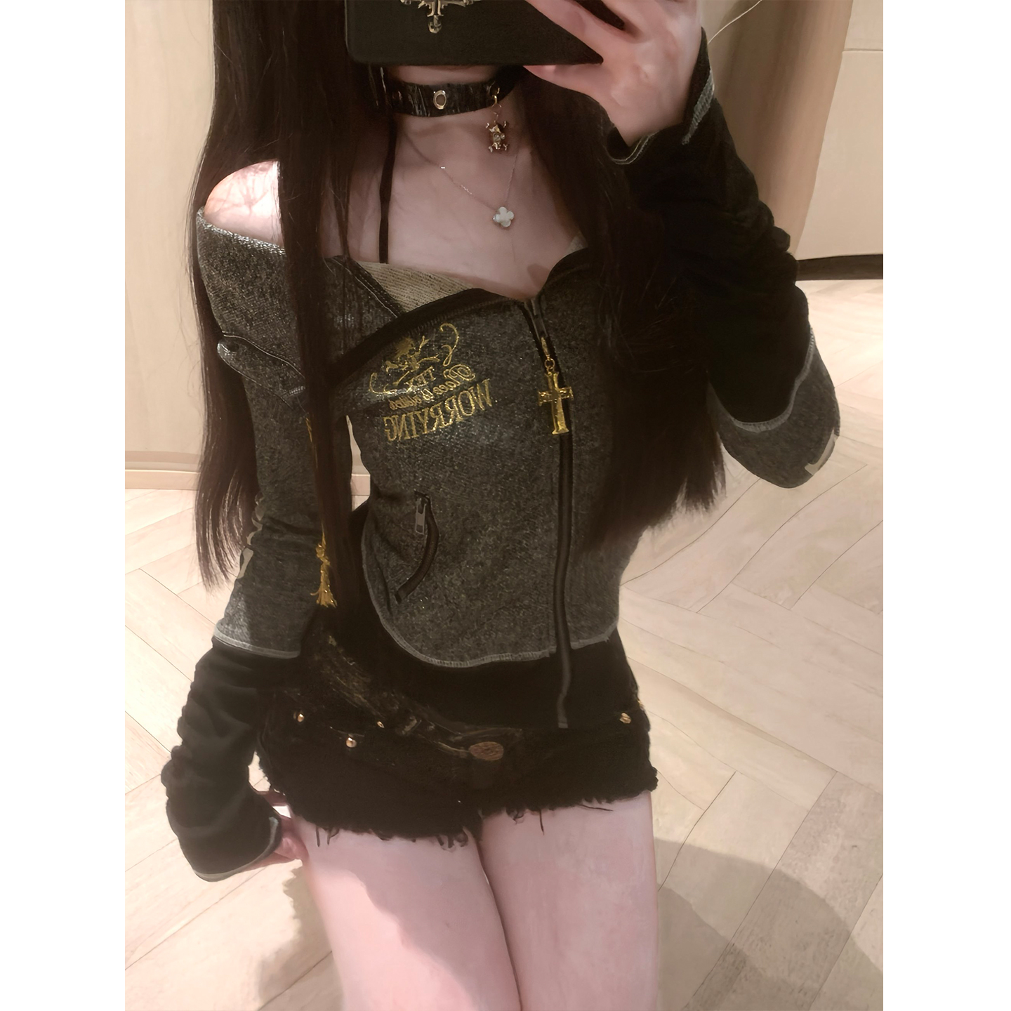 复古刺绣短款连帽外套女