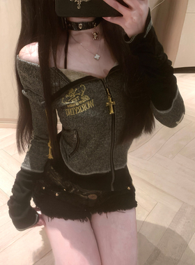 【小雨的岛】涩谷辣妹风古早感闪闪刺绣字母连帽外套女