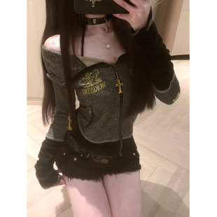 【小雨的岛】涩谷辣妹风古早感闪闪刺绣字母连帽外套女