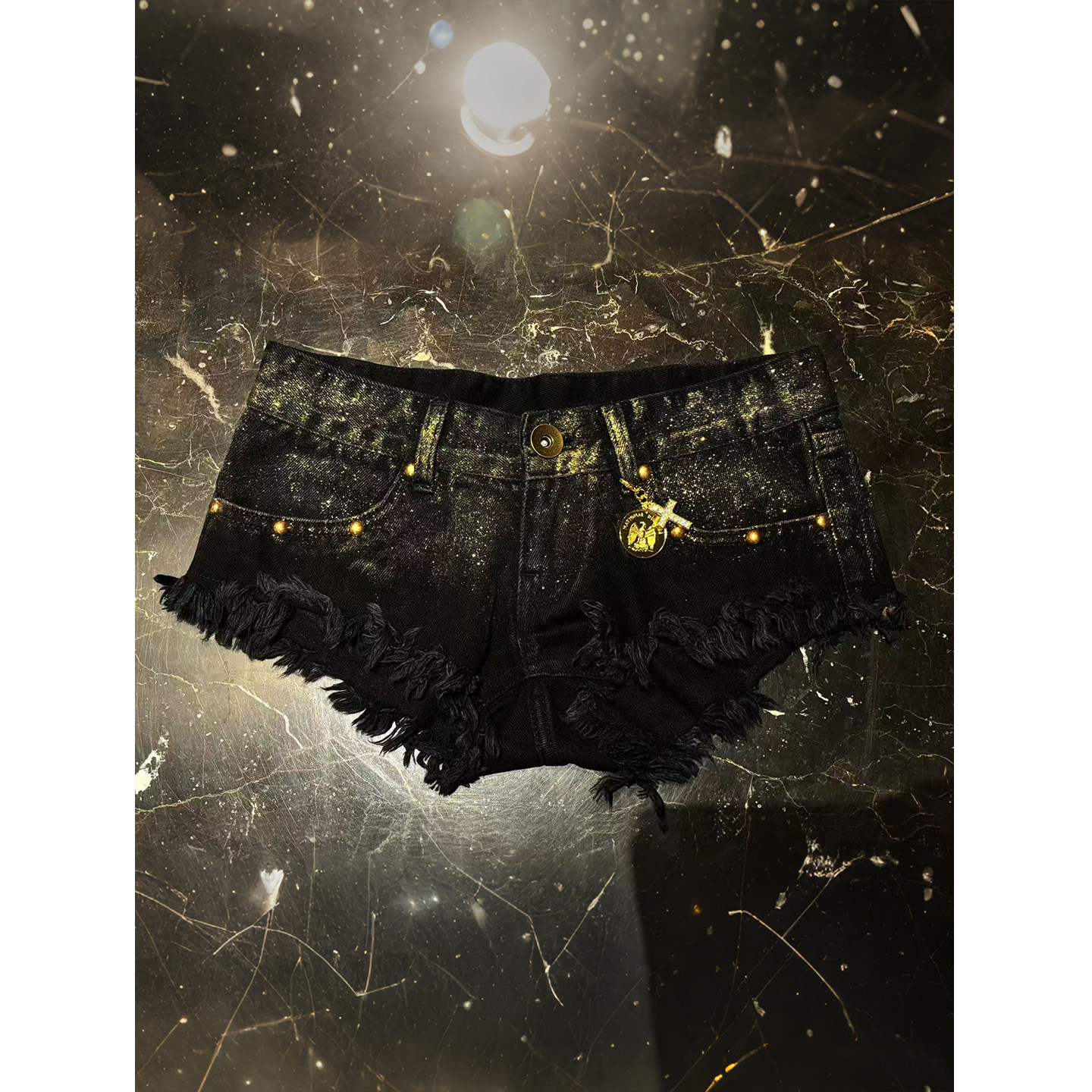 【小雨的岛】美式辣妹风百搭金粉低腰牛仔短裤 黑金配色白金配色