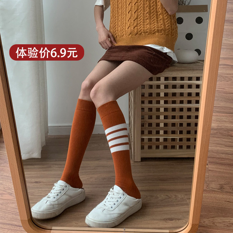 小腿袜女四杠纯棉中筒袜ins潮牌瘦腿微压学院风过膝运动TB长筒袜