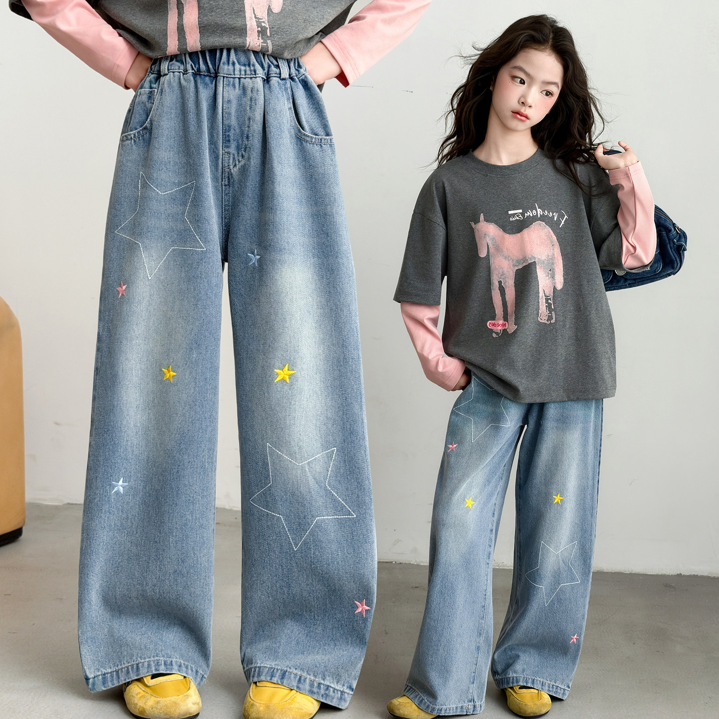女童刺绣星星阔腿牛仔裤春装2026新款中大童春秋儿童百搭直筒裤子