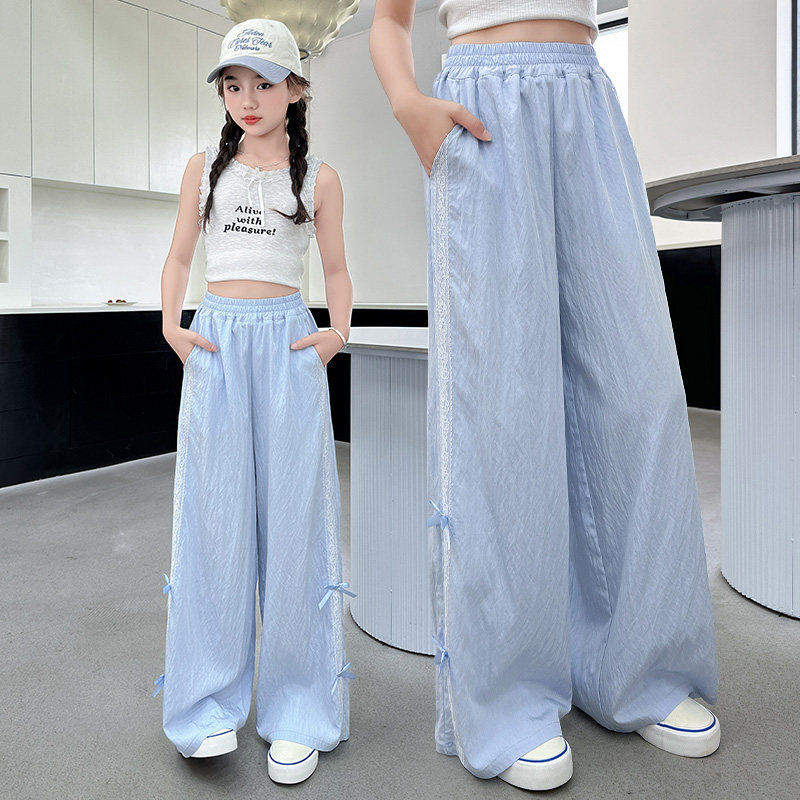 女童阔腿裤夏季薄款2026新款冰丝防蚊裤洋气直筒蓝色中大儿童裤子