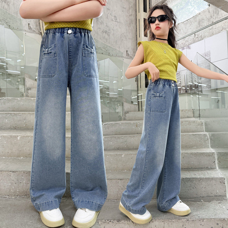 女童牛仔裤夏季2026新款洋气中大童韩范时髦阔腿儿童休闲百搭裤子