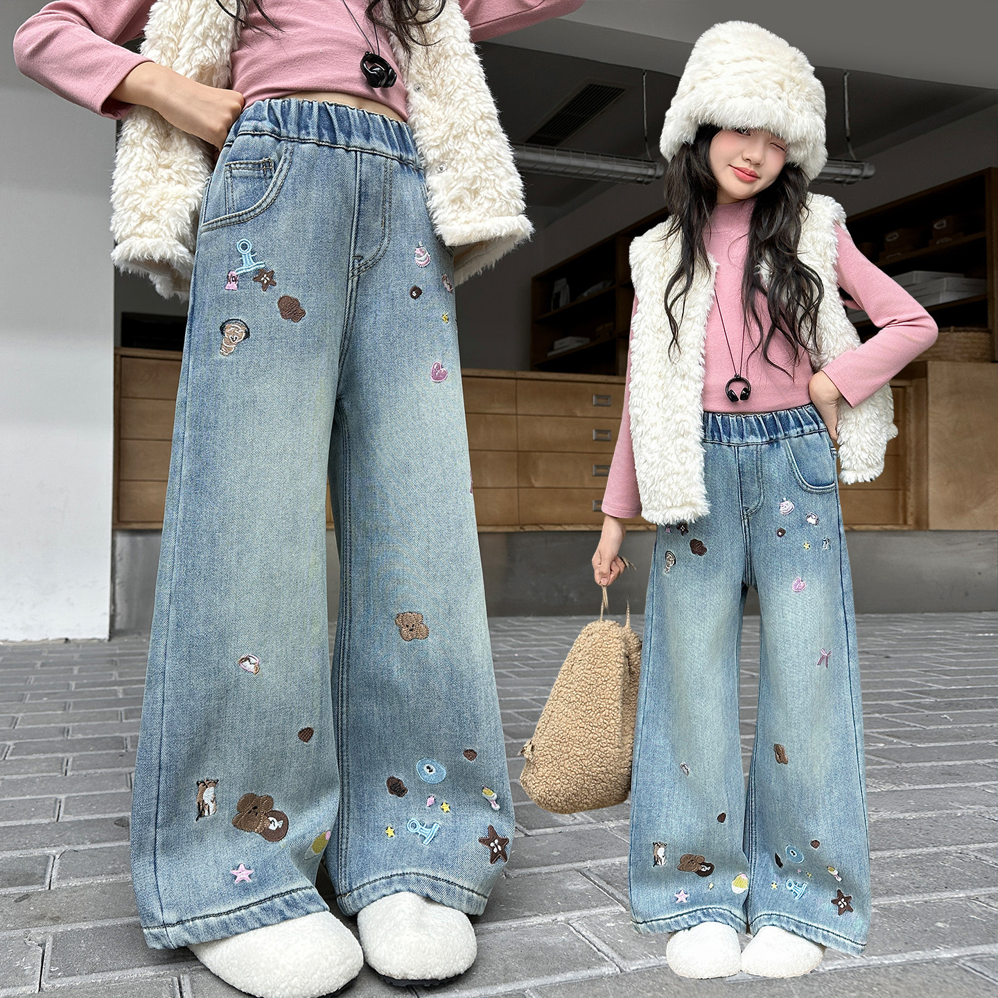 女童春秋牛仔裤韩版洋气刺绣2026新款阔腿裤宽松休闲儿童百搭裤子