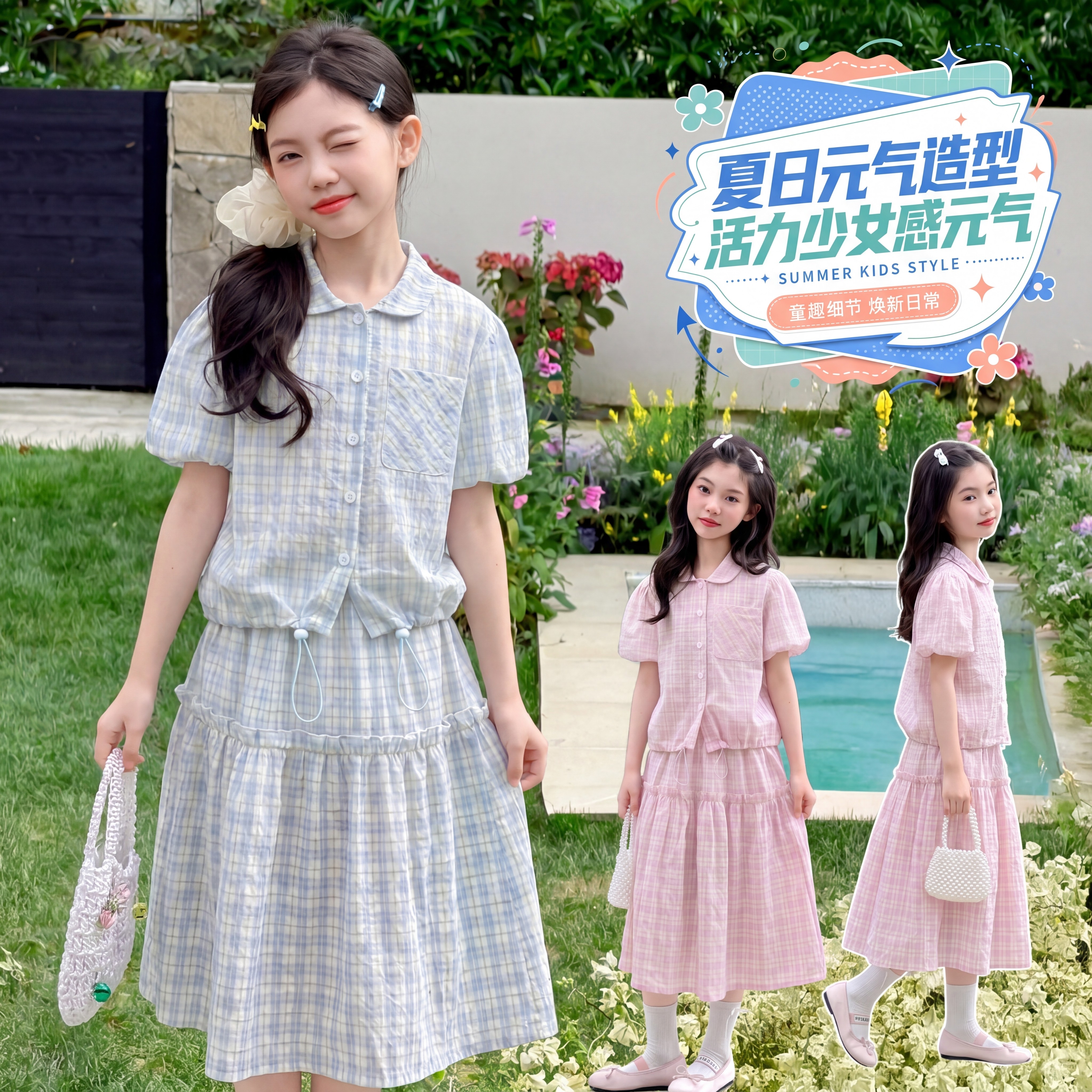 韩版女童夏季格纹娃娃衫两件套