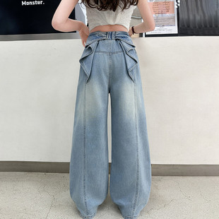 女童牛仔裤春秋2026新款蝴蝶结洋气大童女孩宽松直筒儿童阔腿裤子