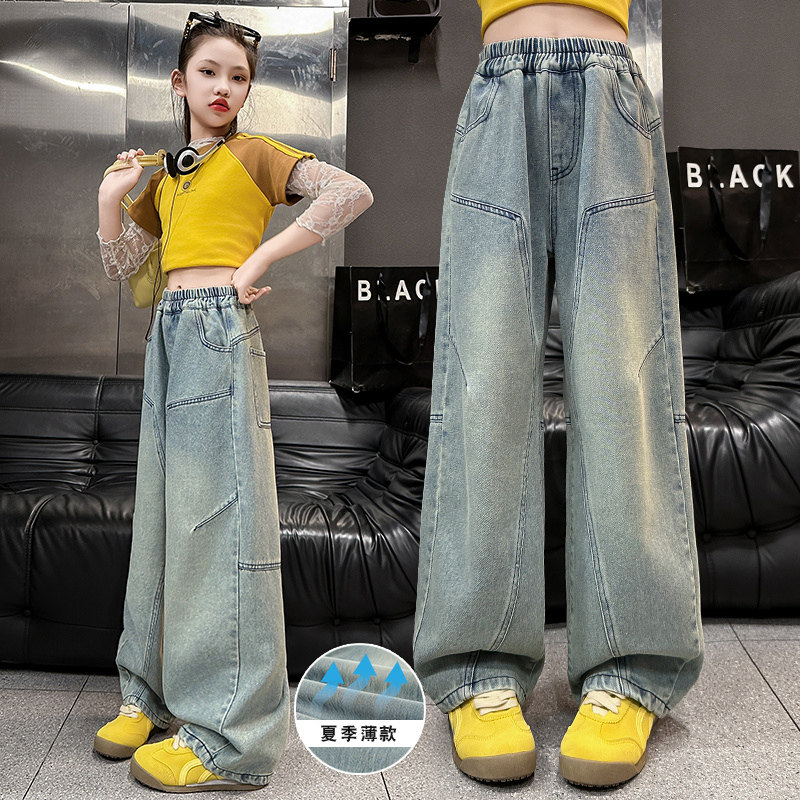 女童弯刀牛仔裤夏季薄款2026新款中大童直筒阔腿洋气拼接儿童裤子