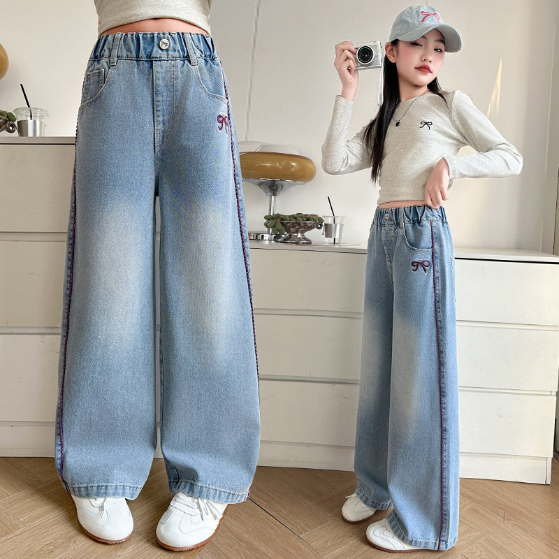 女童春秋牛仔裤2026新款洋气宽松直筒阔腿中大童百搭休闲儿童裤子