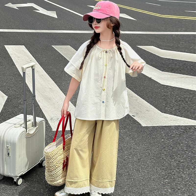女童夏季休闲套装2026新款洋气薄款中大童短袖衬衫阔腿裤两件套潮