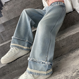 女童裤子春秋款脚口蕾丝花边2025新款洋气时髦大童儿童直筒牛仔裤