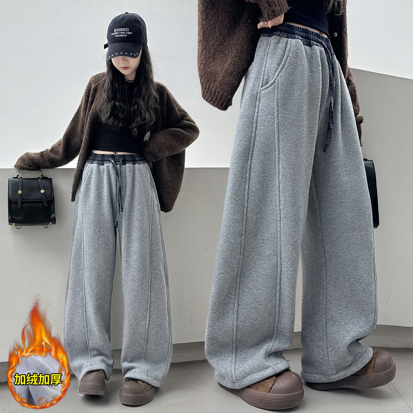 女童糯米裤子加绒冬季直筒洋气格子休闲大童灰色阔腿2025新款