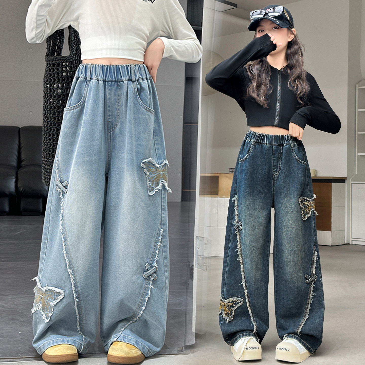 女童阔腿牛仔裤春秋2026新款中大童洋气刺绣蝴蝶宽松直筒儿童裤子