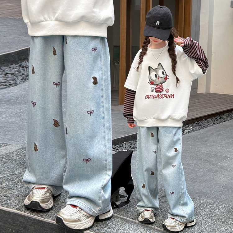 女童套装春秋款2025新款洋气假两件卫衣宽松直筒阔腿牛仔裤两件套