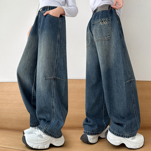 女童裤子春秋2025新款儿童洋气大童宽松直筒阔腿裤加绒弯刀牛仔裤