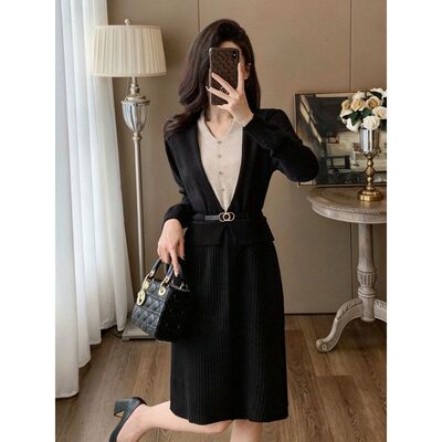 7438-3假两件拼接针织连衣裙女长袖V领配腰带收腰气质中长裙子