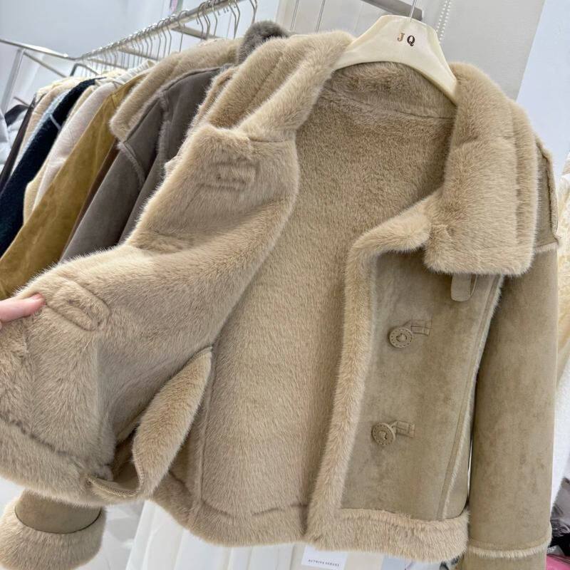 冬季新韩系感麂皮绒放水貂毛皮毛一体加厚保暖机车外套女