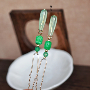 韶华记 绿琼枝 手工汉服玉石树脂简约古风复古旗袍神棍发簪对钗