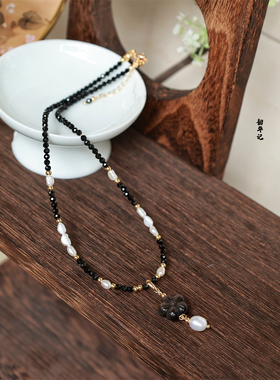 韶华记黑曜石晶珍珠花朵日常项链