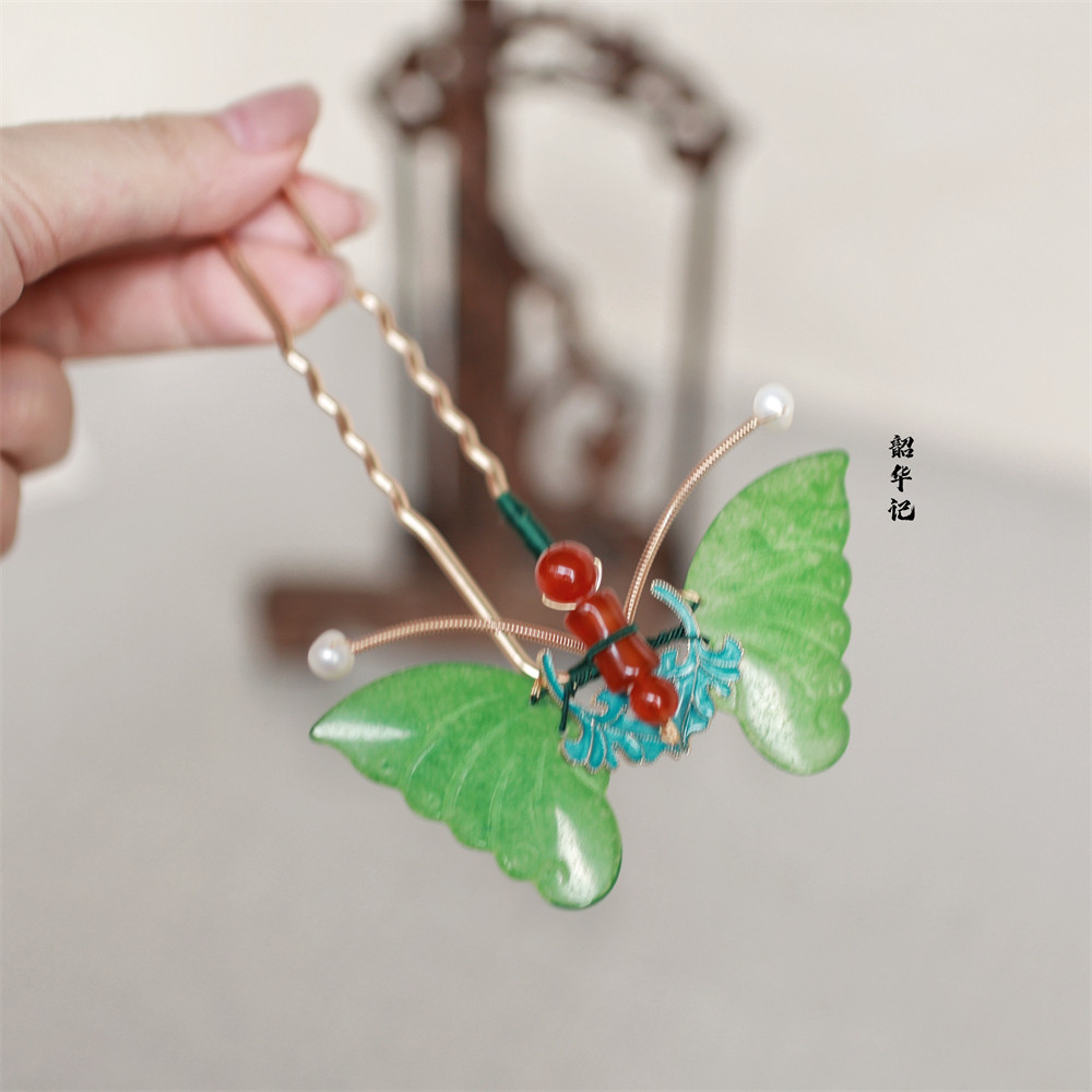 韶华记 福蝶 手工汉服仿故宫复原干青蝴蝶温婉古典宫廷旗袍发簪钗