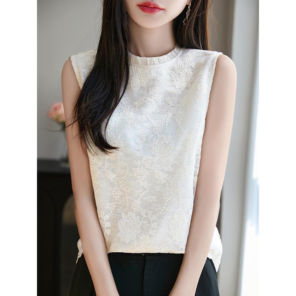 叠穿背心木耳花边领上衣无袖衬衫重工刺绣钩花蕾丝打底衫内搭外穿