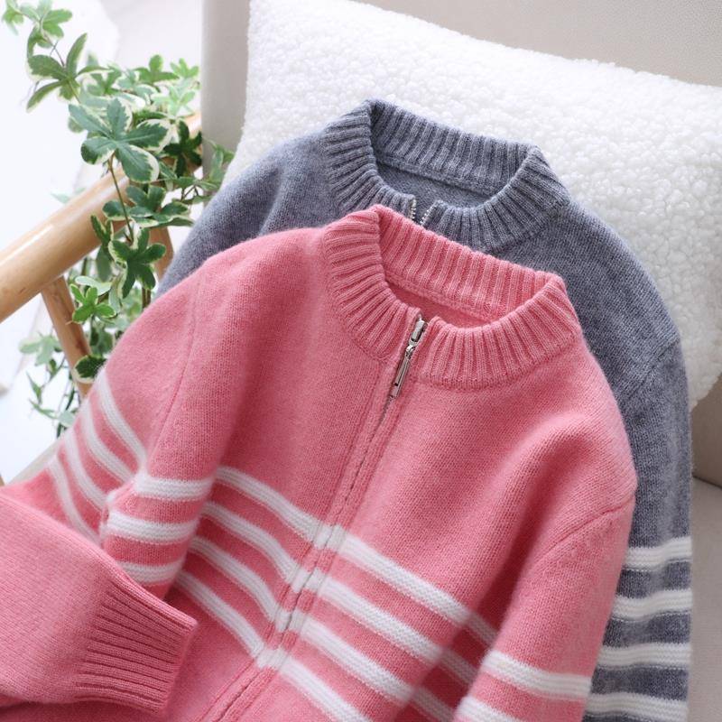 儿童纯羊毛拉炼开衫半高领针织毛衣男女童韩版休闲简约外套潮