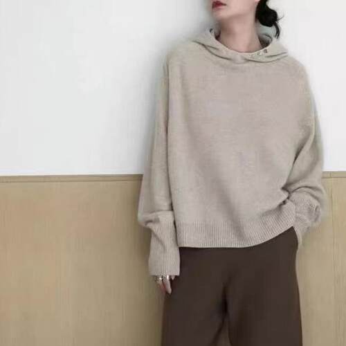 100纯羊毛连帽卫衣女式12针马鞍肩帽衫秋冬款慵懒风洋气套头内搭