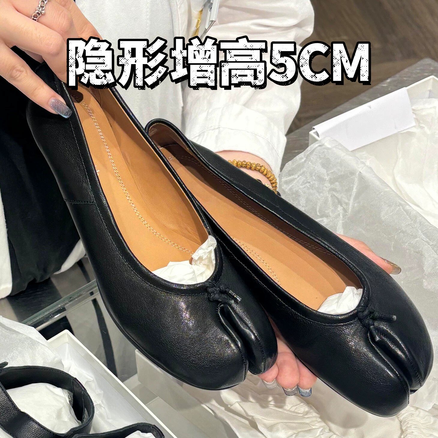 小个子5cm内增高分趾鞋女2026新款真皮猪蹄鞋浅口平底芭蕾舞单鞋图片