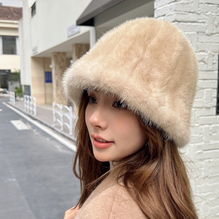 水貂毛渔夫帽女冬保暖韩版时尚百搭护耳皮草貂皮气质显脸小水桶帽