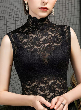 黑色小高领内搭背心女2024春夏季新款外穿性感蕾丝打底衫无袖上衣