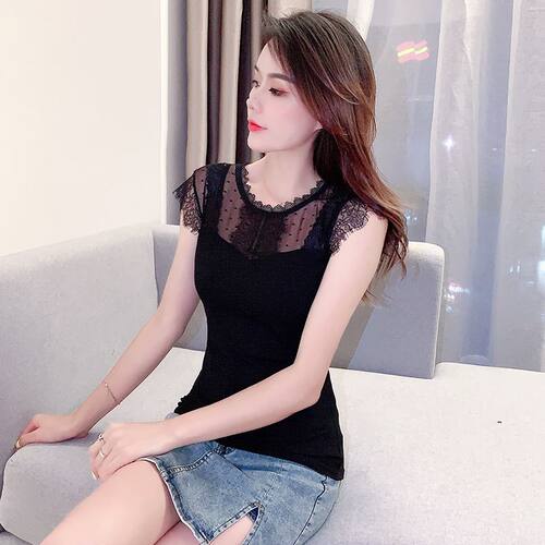 蕾丝T恤女2024夏新款网纱短袖薄款修身时尚外穿镂空性感气质上衣