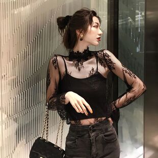 新款半高领打底衫女薄款网纱雪纺微透性感长袖内搭蕾丝上衣秋