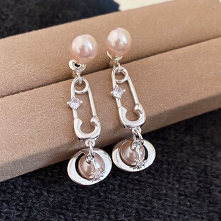 镶钻回形针正圆耳环耳坠气质甜酷风耳环 法式高级土星珍珠耳钉