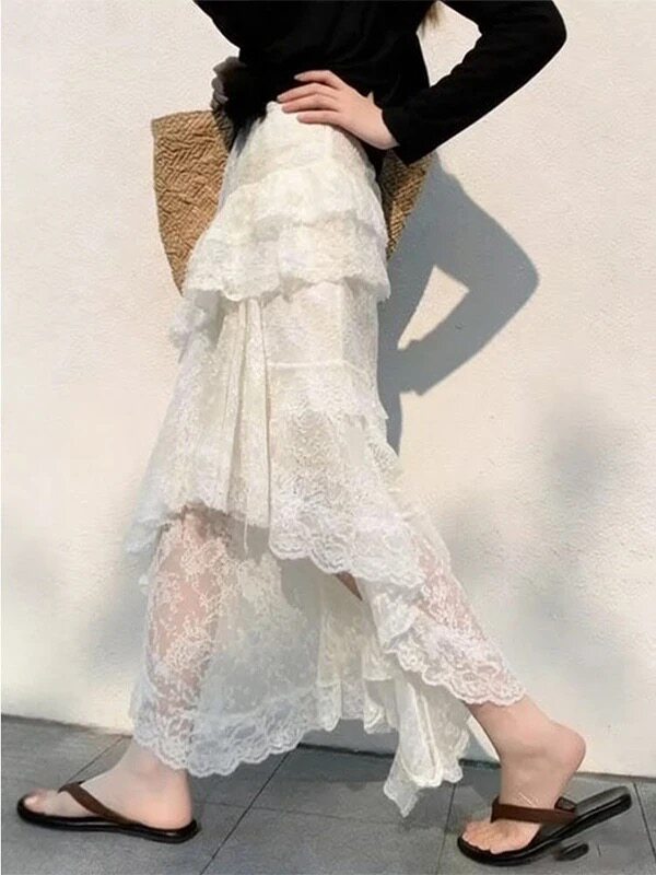 欧货高端定制米色蕾丝大码半身裙女2026春夏新款轻奢不规则A字裙