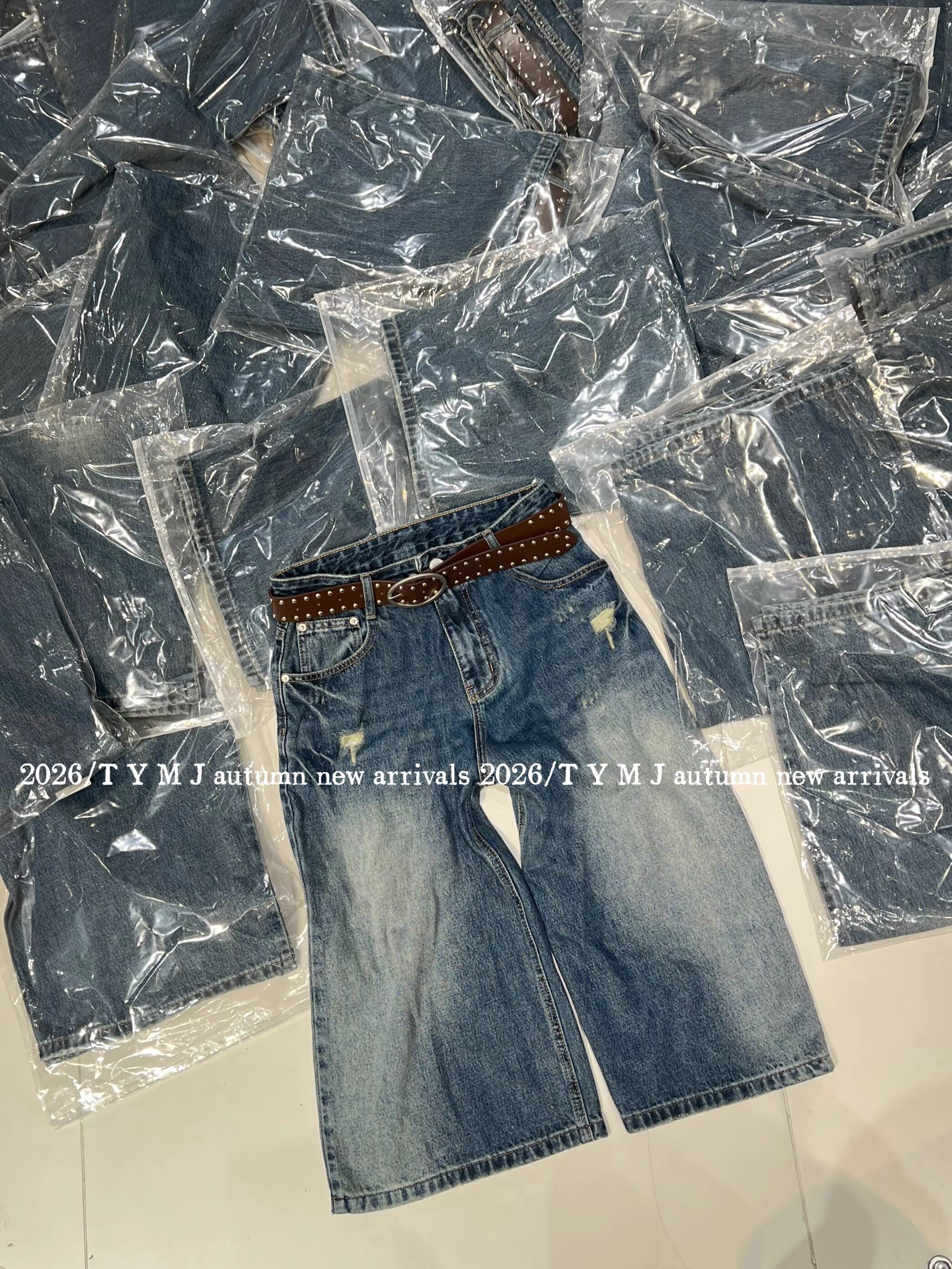 欧洲站2026夏季新款咖色腰带显瘦直筒破洞牛仔裤中裤七分裤47283
