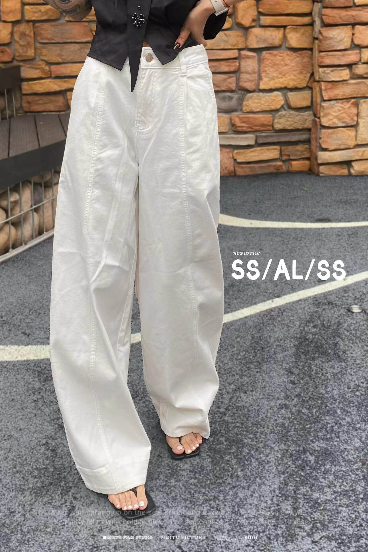 欧货新品2026新松紧腰立体裁剪肌理纹休闲白色气球裤女弯刀裤长裤