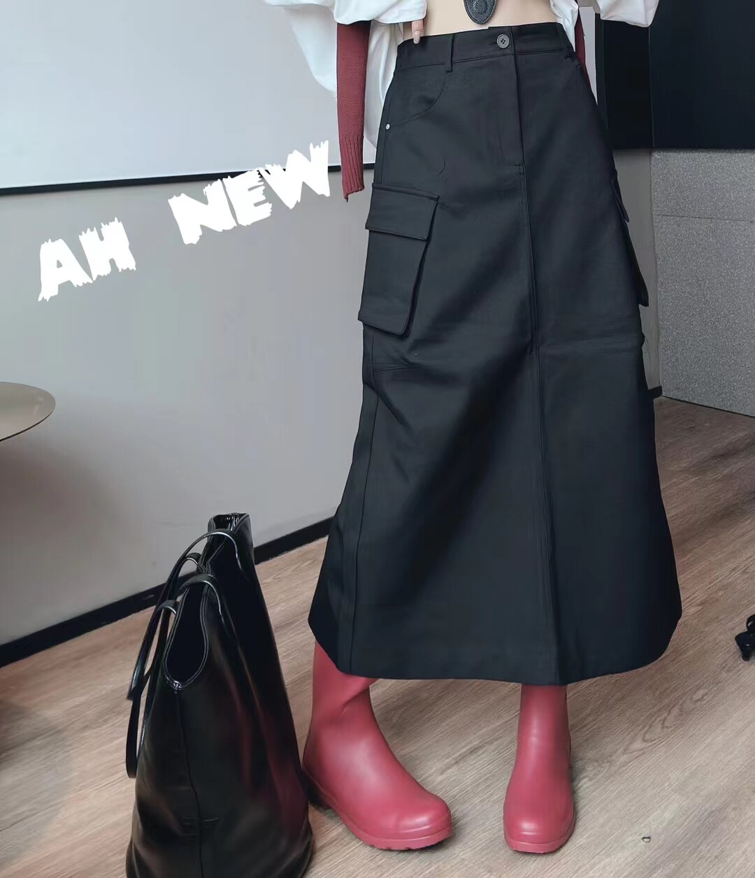 美式复古大口袋后开叉工装裙女2024欧货秋季设计感直筒半身裙