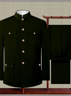 军绿色中山装套装男中老年老式中山服人民服秋冬爷爷装爸爸装外套