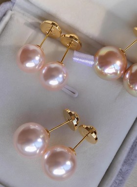 樱花粉珍珠澳白仿日本粉光akoya珍珠耳钉纯银女伴彩无耳洞耳夹饰