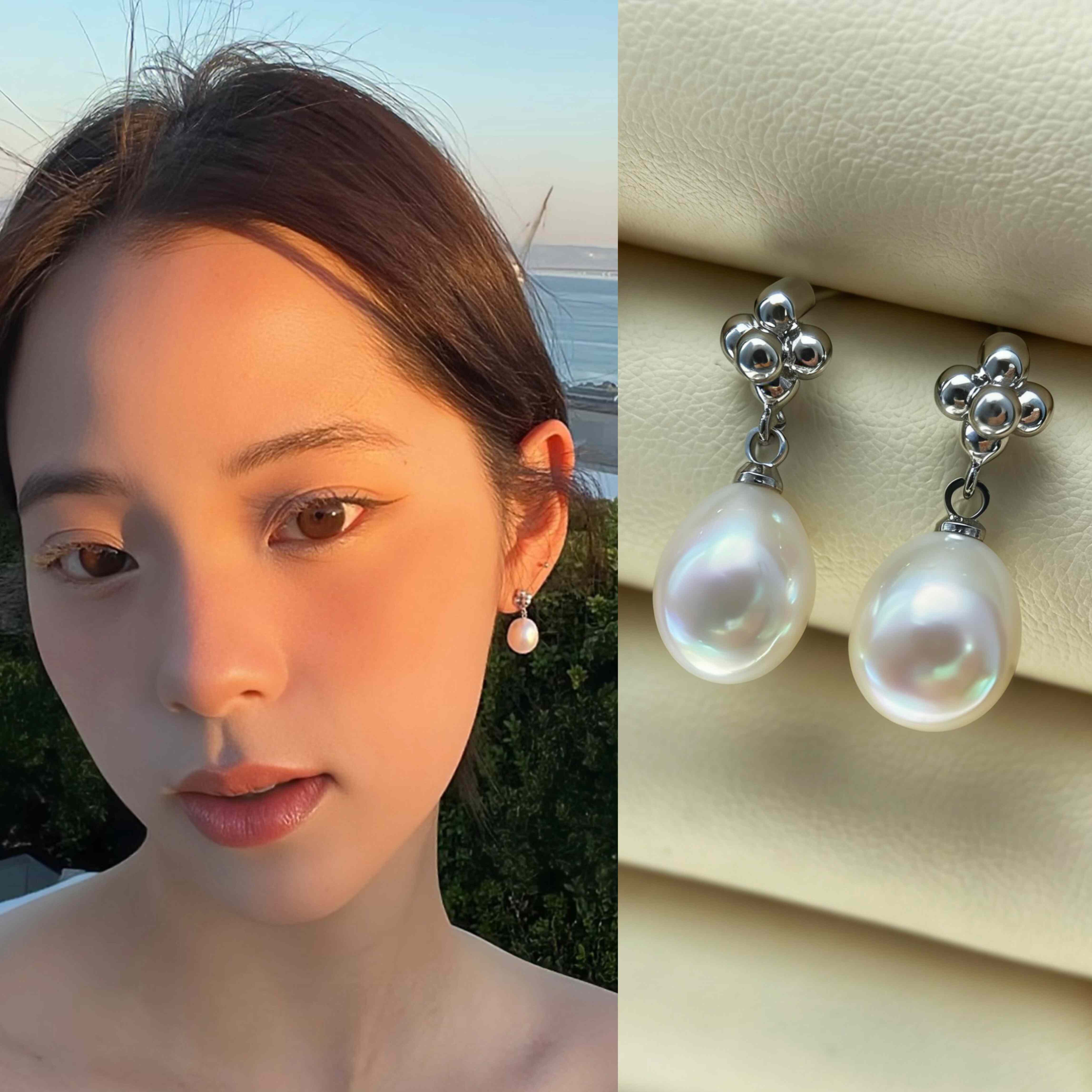 欧阳娜娜nabi同款珍珠耳环纯银小花朵珍珠耳饰法式浪漫感约会耳钉