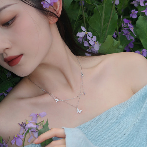 《翩跹》S925纯银蝴蝶双层项链满钻蝴蝶流苏配饰女春夏轻奢锁骨链