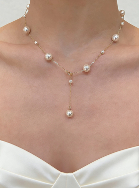 露思同款单层满天星施家珍珠项链美国14K包金锁骨链超仙错落